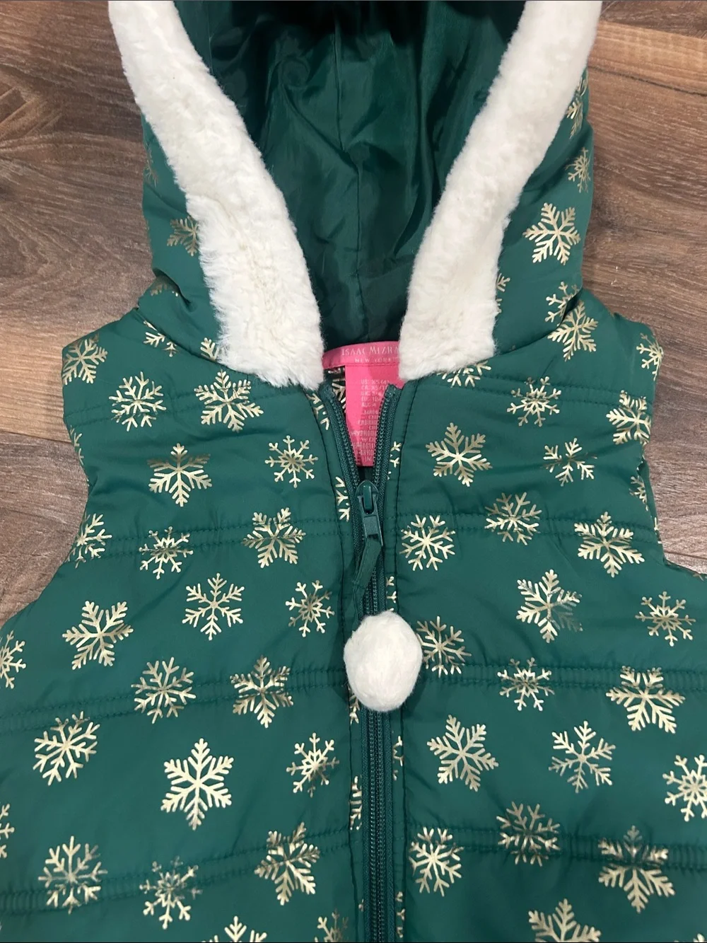 Isaac Mizrahi Girls Puffer Vest Size X-Small (4) Green Snowflake Hooded Faux Fur